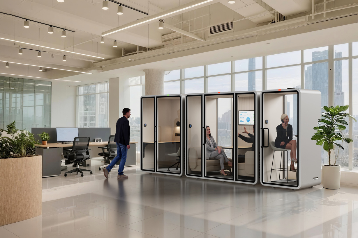 Row of CalmPod acoustic booths in a modern office